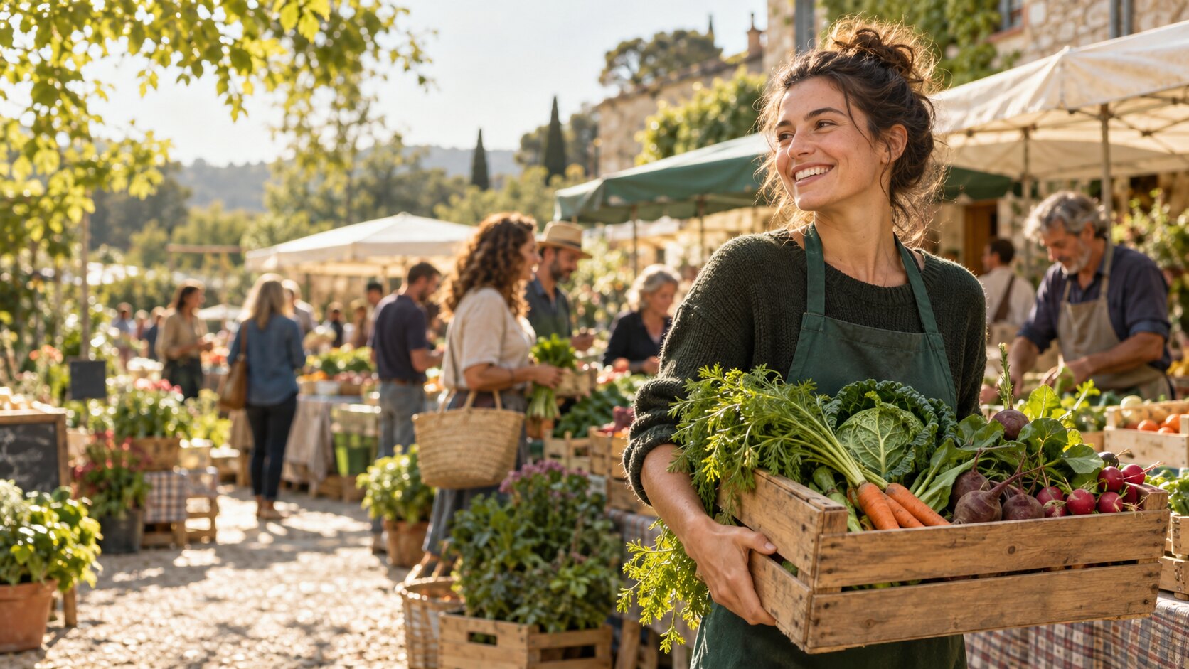 A volunteer carrying fresh vegetables through a busy local market
